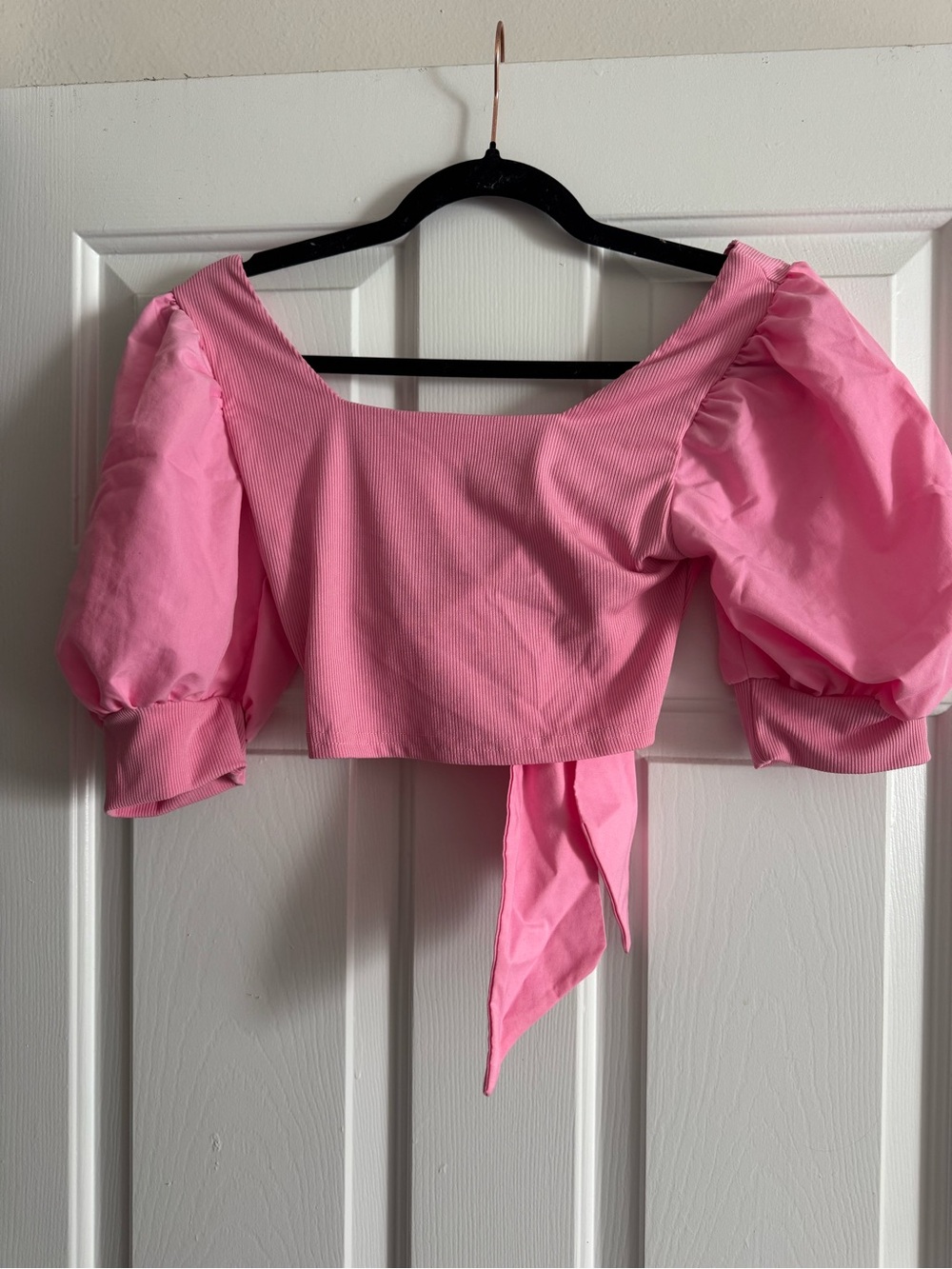 SHEIN Pink Puff-Sleeve Tie-Back Crop Top